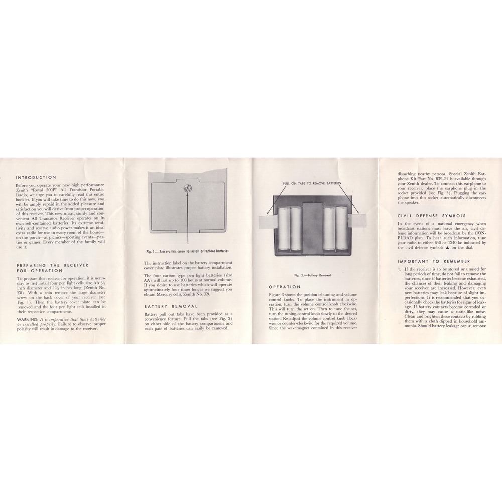 Vintage Zenith Royal 500E Operating Guide Transistor Radio Manual 202-1518 - Picture 3 of 5